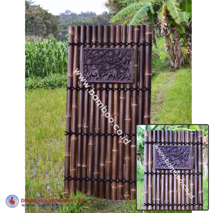 Black half bamboo fence with 4 back slats and black coco rope, including wooden decorative inserted